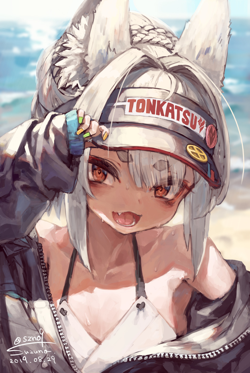 1girl :d animal_ear_fluff animal_ears arm_up bangs bare_shoulders bikini bikini_under_clothes black_headwear black_jacket blurry blurry_background braid dated day depth_of_field eyebrows_visible_through_hair fangs fingernails fox_ears fox_girl green_nails hair_bun highres jacket long_sleeves looking_at_viewer multicolored multicolored_nails nail_polish off_shoulder open_clothes open_jacket open_mouth original outdoors red_eyes short_eyebrows sidelocks signature silver_hair sleeves_past_wrists smile solo suzuno_(bookshelf) sweat swimsuit thick_eyebrows visor_cap water white_bikini yellow_nails