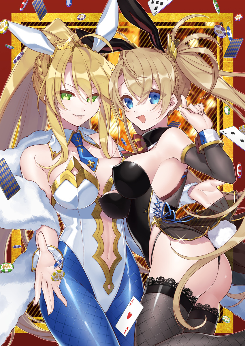 2girls ahoge animal_ears artoria_pendragon_(all) artoria_pendragon_(swimsuit_ruler)_(fate) ass bangs black_legwear blonde_hair blue_eyes blue_legwear bradamante_(fate/grand_order) breasts bunny_tail bunnysuit card citron_82 commentary_request fate/grand_order fate_(series) fishnet_legwear fishnet_pantyhose fishnets green_eyes highres large_breasts long_hair looking_at_viewer multiple_girls navel necktie pantyhose playing_card poker_chip ponytail rabbit_ears smile tail twintails