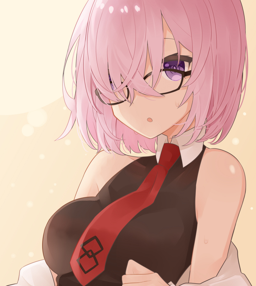 1girl :o bare_shoulders beige_background black_shirt breasts commentary_request face fate/grand_order fate_(series) glasses grey_jacket highres jacket large_breasts lavender_hair looking_at_viewer mash_kyrielight necktie off-shoulder_jacket pink_hair red_neckwear shirt short_hair solo violet_eyes younomiti