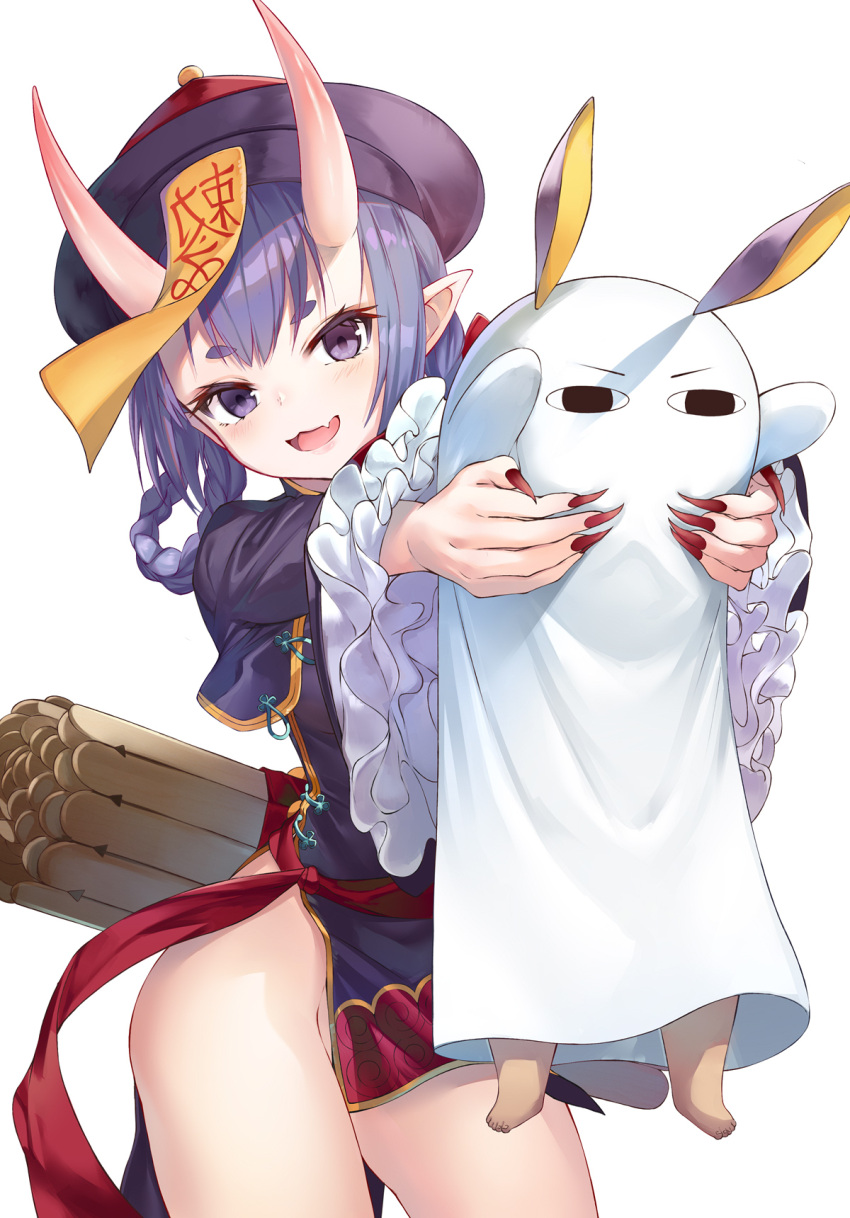 1girl bangs blush breasts cat china_dress chinese_clothes cosplay dress eyeliner fang fate/grand_order fate_(series) hair_rings hat heroic_spirit_festival_outfit highres horns jiangshi long_sleeves longcat looking_at_viewer makeup nitocris_(fate/grand_order) nitocris_(swimsuit_assassin)_(fate) nitocris_(swimsuit_assassin)_(fate)_(cosplay) ofuda oni oni_horns pelvic_curtain purple_dress purple_hair sash short_eyebrows short_hair shuten_douji_(fate/grand_order) simple_background small_breasts smile suigetsu_(hjs1106) thighs violet_eyes white_background