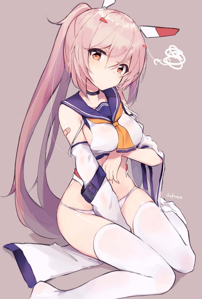 1girl artist_name ayanami_(azur_lane) azur_lane bandaid_on_arm bangs beige_background black_choker blue_sailor_collar breasts choker closed_mouth collarbone detached_sleeves expressionless feet_out_of_frame hair_between_eyes head_tilt highres long_hair long_ponytail long_sleeves medium_breasts navel neckerchief no_pants orange_eyes panties retrofit_(azur_lane) sailor_collar shirt sidelocks signature simple_background sitting solo stomach sutorea thigh-highs underwear very_long_hair wariza white_legwear white_panties white_shirt wide_sleeves yellow_neckwear