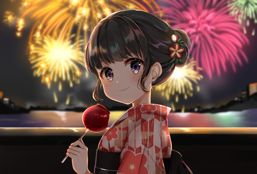 1girl aerial_fireworks back_bow black_bow black_hair blue_eyes blurry blurry_background bow candy_apple closed_mouth commentary_request depth_of_field fireworks floral_print food hair_bun hair_ornament highres holding holding_food japanese_clothes katsushika_pachi kimono lake looking_at_viewer looking_to_the_side night night_sky obi original outdoors print_kimono sash sky smile solo upper_body water white_kimono yagasuri