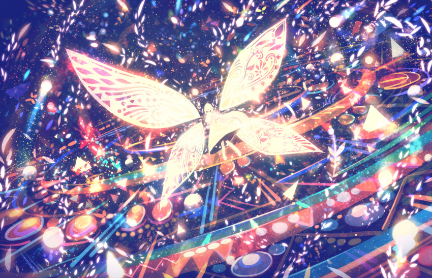 1girl ahoge colorful commentary dress fairy_wings fantasy floating_hair flying glowing light_particles long_hair original red_eyes sakimori_(hououbds) solo very_long_hair wings