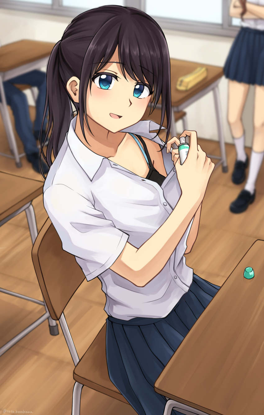 1boy 2girls black_hair black_shirt blue_eyes blue_skirt blurry bra_strap camisole chair collarbone collared_shirt commentary_request depth_of_field desk dress_shirt highres holding long_hair looking_at_viewer multiple_girls original parted_lips pleated_skirt ponytail school_uniform setu_kurokawa shirt shirt_pull short_sleeves sidelocks sitting skirt smile solo_focus undershirt white_shirt