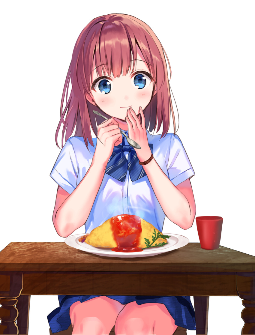 1girl blue_eyes blue_neckwear blue_skirt blush bow bowtie buttons closed_mouth collared_shirt commentary_request cup dress_shirt food hanekoto highres holding holding_spoon looking_at_viewer miniskirt omurice original plate redhead shirt short_hair short_sleeves simple_background sitting skirt solo spoon striped striped_neckwear table white_background white_shirt wristband