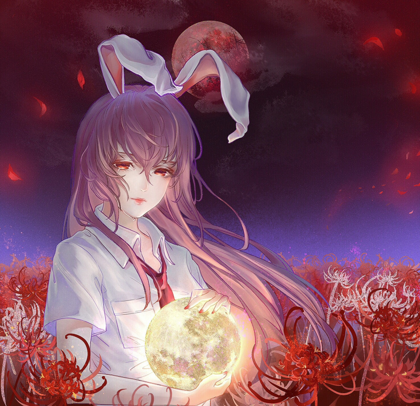 1girl animal_ears chinese_commentary clouds commentary_request crying crying_with_eyes_open expressionless field fingernails flower flower_field gyokudama_(niku) hair_between_eyes hair_blowing highres holding lips long_hair looking_at_viewer loose_necktie moon necktie night night_sky open_collar outdoors petals purple_hair rabbit_ears red_eyes red_moon red_nails red_neckwear reisen_udongein_inaba shirt short_sleeves sky solo spider_lily tears touhou upper_body very_long_hair white_shirt wind