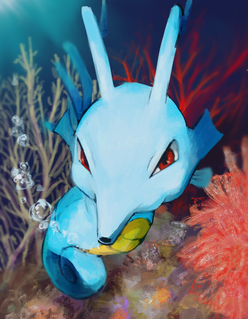 air_bubble bishamon_(usagi_ba) blurry bubble commentary_request full_body gen_2_pokemon highres kingdra looking_at_viewer no_humans pokemon pokemon_(creature) red_eyes seahorse underwater