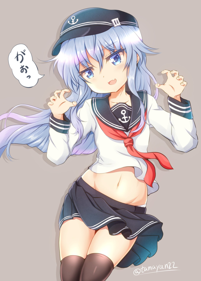 anchor_symbol black_legwear black_sailor_collar black_skirt blue_eyes collarbone commentary_request curled_fingers fang flat_cap grey_background groin hat hibiki_(kantai_collection) highres kantai_collection long_hair long_sleeves looking_at_viewer lying navel neckerchief open_mouth pleated_skirt red_neckwear sailor_collar school_uniform serafuku silver_hair skin_fang skirt tamayan thigh-highs