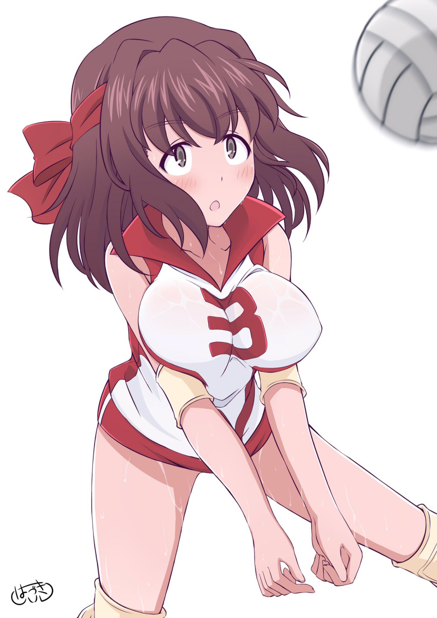 1girl action artist_name bangs blush breasts brown_eyes brown_hair bumping clenched_hands commentary_request elbow_pads eyebrows_visible_through_hair focused girls_und_panzer hadzuki_haru headband highres knee_pads kondou_taeko large_breasts medium_hair motion_blur open_mouth red_headband red_shirt red_shorts shirt short_shorts shorts signature simple_background single_vertical_stripe sleeveless sleeveless_shirt solo sportswear standing sweatdrop volleyball volleyball_uniform white_background