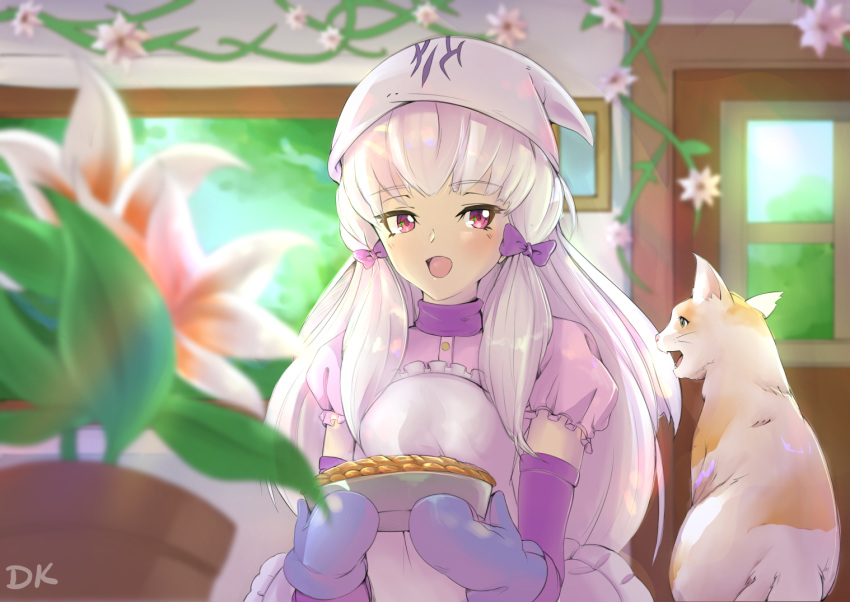 1girl alternate_costume apron bow cat deekei fire_emblem fire_emblem:_three_houses flower food hair_bow holding long_hair lysithea_von_ordelia mittens open_mouth pie pink_eyes purple_bow solo upper_body white_hair window