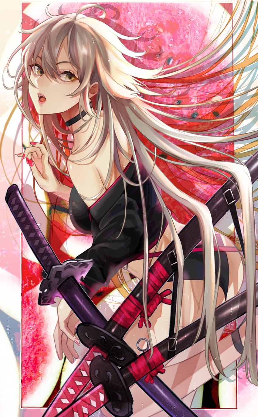 1girl absurdres bikini black_bikini black_jacket collar fate/grand_order fate_(series) from_side hair_between_eyes highres huge_filesize jacket jeanne_d'arc_(alter)_(fate) jeanne_d'arc_(fate)_(all) katana leg_up long_hair long_sleeves looking_at_viewer mishasimarina0130 nail_polish open_clothes open_jacket open_mouth red_lips red_nails sheath sheathed shiny shiny_hair silver_hair solo standing standing_on_one_leg swimsuit sword very_long_hair weapon yellow_eyes