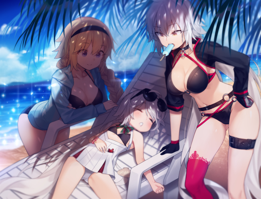 3girls ahoge beach beach_chair bikini black_bikini black_bikini_top black_gloves blue_eyes blue_hairband blue_jacket blue_sky bow bracelet braid closed_eyes clouds commentary_request eyebrows_visible_through_hair eyewear_on_head fate/grand_order fate_(series) food gloves green_ribbon hairband highleg highleg_swimsuit hood hooded_jacket jacket janne_d'arc jeanne_d'arc_(alter)_(fate) jeanne_d'arc_(alter_swimsuit_berserker) jeanne_d'arc_(fate) jeanne_d'arc_(fate)_(all) jeanne_d'arc_(grimms_notes) jeanne_d'arc_(swimsuit_archer) jeanne_d'arc_alter_santa_lily jewelry long_braid long_hair multiple_girls navel o-ring o-ring_bikini ocean one-piece_swimsuit open_clothes open_jacket palms panties pleated_skirt ponytail popsicle red_legwear ribbon seashell shade shell shrug_(clothing) silver_hair single_braid single_thighhigh skirt sky sleeping smile striped striped_bow sunglasses swimsuit takotsu thigh-highs underwear very_long_hair white_hair white_panties yellow_eyes