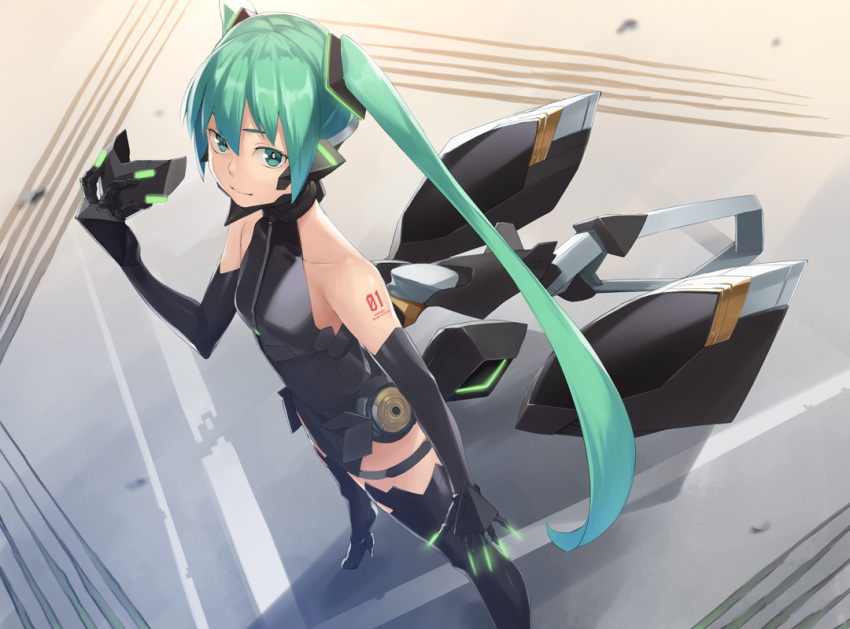 1girl aqua_eyes aqua_hair arm_tattoo bangs bare_shoulders black_gloves black_legwear breasts closed_mouth collarbone commentary_request dutch_angle elbow_gloves from_above full_body gahaku gloves glowing hair_between_eyes hair_ornament hatsune_miku headgear holding holding_mask long_hair looking_at_viewer looking_up mask mask_removed mecha_musume number_tattoo outdoors shiny shiny_hair sleeveless small_breasts solo standing tattoo thigh-highs twintails vocaloid
