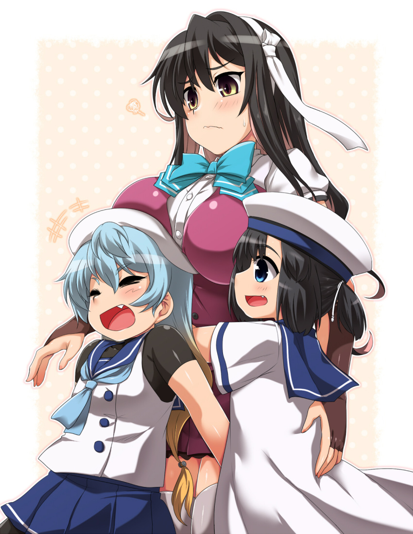 3girls bangs beret black_hair blonde_hair blue_eyes blue_hair blue_neckwear blue_skirt blush bow bowtie breasts closed_eyes daitou_(kantai_collection) dress eyebrows_visible_through_hair fang gloves gradient_hair hair_ribbon hairband hat highres kantai_collection large_breasts long_hair multicolored_hair multiple_girls naganami_(kantai_collection) neckerchief open_mouth pleated_skirt ponytail remodel_(kantai_collection) ribbon sado_(kantai_collection) sailor_collar sailor_dress sailor_hat school_uniform serafuku short_sleeves simple_background skirt sweat thigh-highs two-tone_hair wavy_hair wavy_mouth white_headwear yellow_eyes yoshi_tama