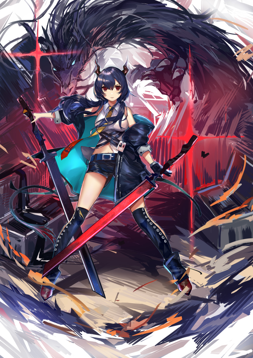 1girl absurdres arknights bangs black_shorts blue_hair breasts ch'en_(arknights) closed_mouth commentary_request dragon dual_wielding eastern_dragon fingerless_gloves gloves hair_between_eyes highres holding holding_sword holding_weapon horns jacket long_hair looking_at_viewer medium_breasts necktie off-shoulder_jacket red_eyes shirt shorts sidelocks solo sword twintails weapon white_shirt yan_ge