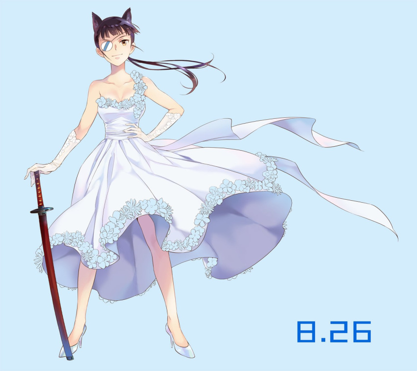 1girl agahari animal_ears bangs black_hair blue_background blunt_bangs commentary_request dress dress_flower elbow_gloves extra_ears eyepatch full_body gloves high_heels highres katana long_hair long_sleeves looking_at_viewer ponytail print_eyepatch sakamoto_mio sheath sheathed solo strike_witches sword weapon white_dress white_eyepatch white_footwear white_gloves world_witches_series