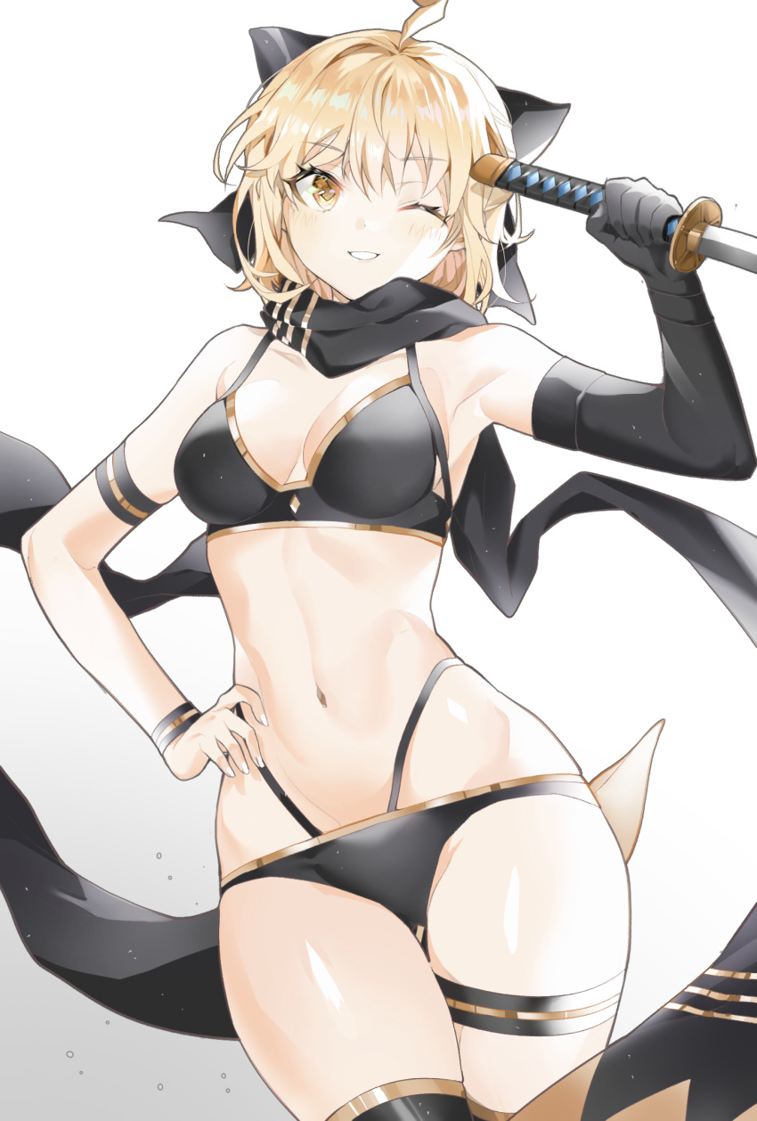 1girl ahoge ass_visible_through_thighs bangs bikini black_bikini black_bow black_gloves black_legwear black_scarf blonde_hair blush bow breasts brown_eyes cpqm elbow_gloves eyebrows_visible_through_hair fate/grand_order fate_(series) fingernails gloves gradient gradient_background grey_background grin groin hair_between_eyes hair_bow hand_on_hip highleg highleg_bikini highres holding holding_sword holding_weapon katana layered_bikini medium_breasts navel okita_souji_(fate)_(all) okita_souji_(swimsuit_assassin)_(fate) one_eye_closed scarf single_glove smile solo swimsuit sword thigh-highs weapon white_background