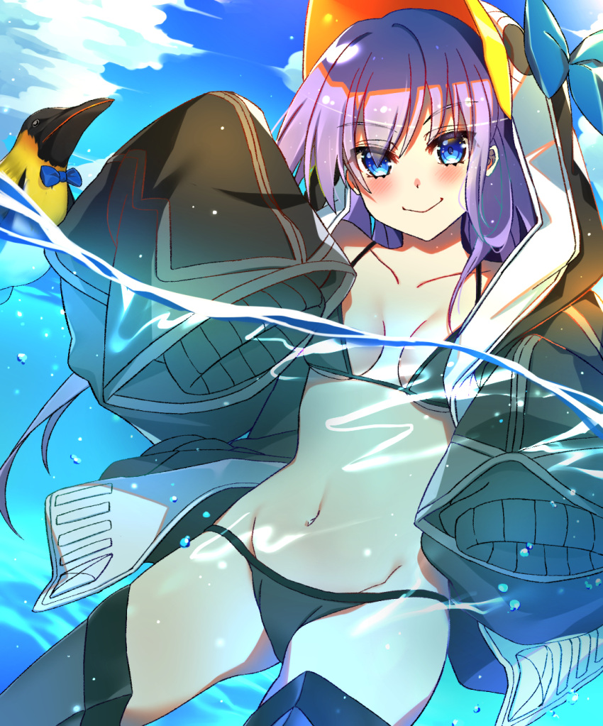 1girl animal_hood bangs bare_shoulders bikini bird black_bikini black_jacket blue_eyes blue_ribbon blue_sky blush breasts closed_mouth collarbone fate/grand_order fate_(series) greaves hair_between_eyes highres hood jacket long_hair long_sleeves looking_at_viewer meltryllis meltryllis_(swimsuit_lancer)_(fate) open_clothes open_jacket penguin penguin_hood purple_hair redrabbit ribbon sky sleeves_past_fingers sleeves_past_wrists small_breasts smile swimming swimsuit thighs very_long_hair