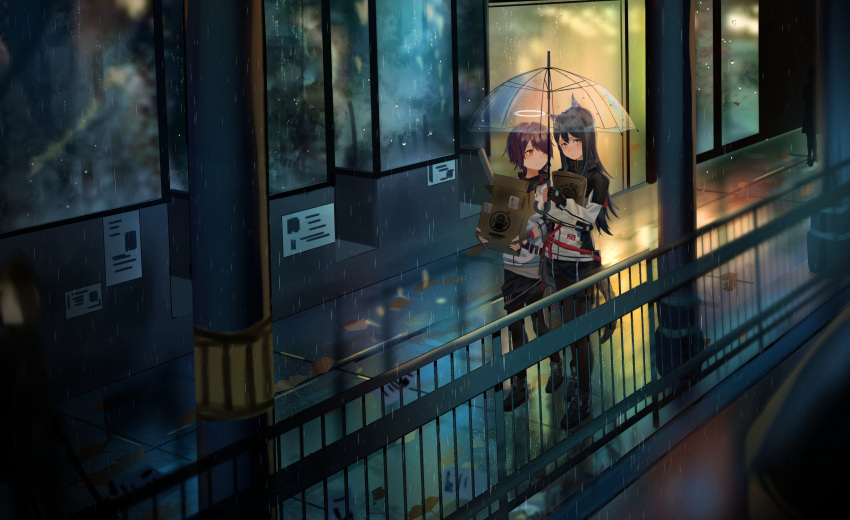 3girls animal_ears arknights black_hair black_legwear box brown_eyes cardboard_box carrying dark exusiai_(arknights) fingerless_gloves gloves halo highres long_hair looking_at_another looking_away looking_to_the_side multiple_girls night pantyhose purple_hair railing rain road short_hair shorts sidewalk silhouette skirt smile street tail texas_(arknights) thigh_strap transparent transparent_umbrella umbrella vinkyfre walking wolf_ears wolf_girl wolf_tail