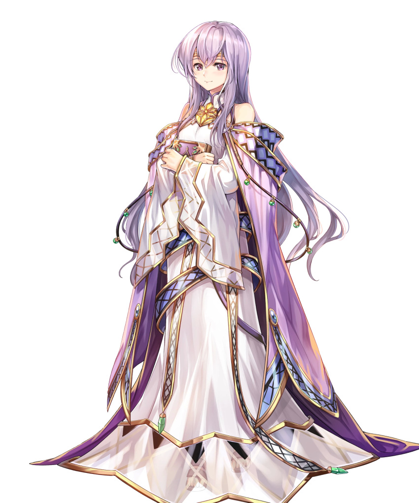 1girl bangs bare_shoulders book breasts cape chachie circlet closed_mouth dress fire_emblem fire_emblem:_genealogy_of_the_holy_war fire_emblem_heroes full_body hair_ornament highres holding jewelry julia_(fire_emblem) long_dress long_hair long_sleeves looking_at_viewer medium_breasts official_art purple_cape purple_hair sandals see-through shiny shiny_hair smile solo standing toes transparent_background turtleneck violet_eyes wide_sleeves
