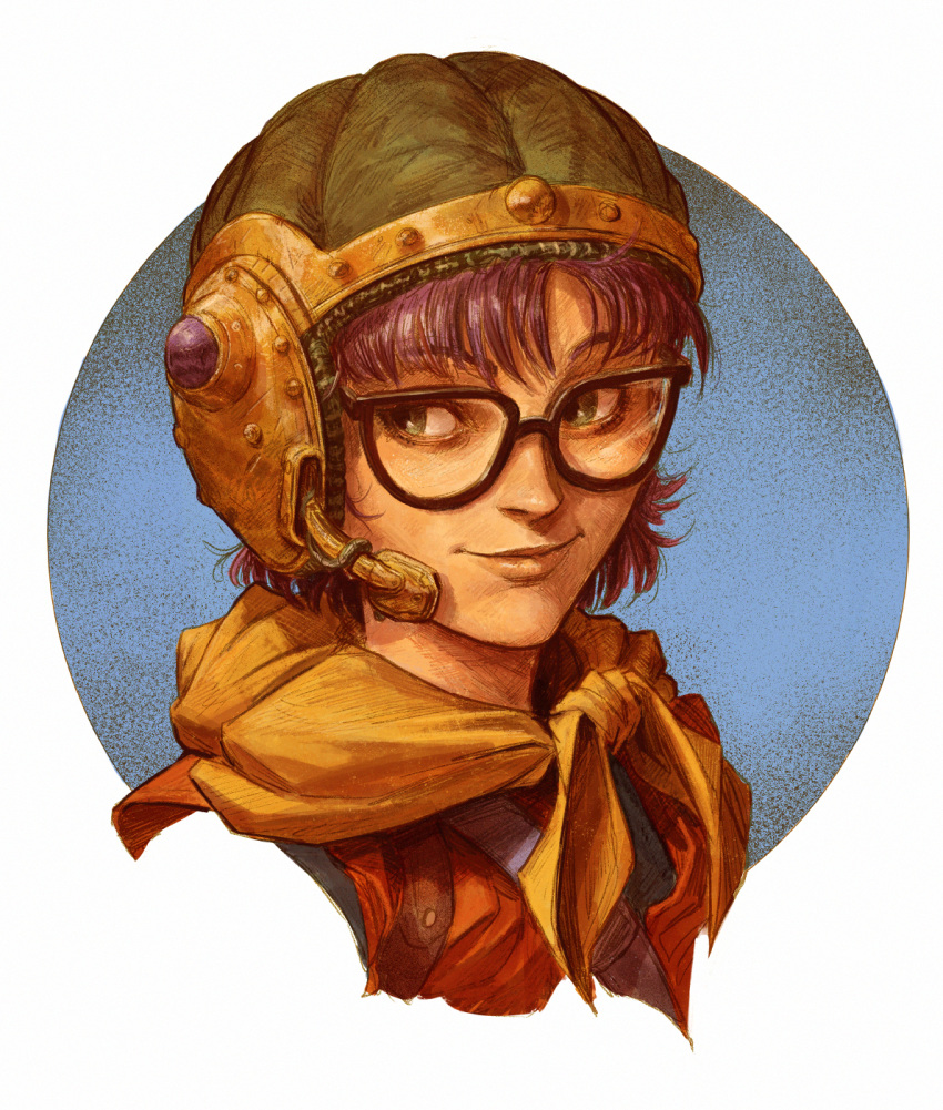 1girl chrono_trigger dave_rapoza face glasses green_eyes headset helmet highres looking_to_the_side lucca_ashtear neckerchief portrait purple_hair short_hair smile solo