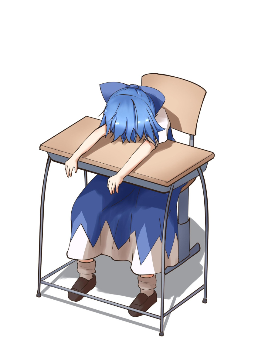 1girl blue_dress blue_hair bow brown_footwear cirno commentary_request desk dress face_down hair_bow head_down highres legs_apart loafers outstretched_arms puffy_short_sleeves puffy_sleeves resa_7z_(resastr) school_desk shadow shoes short_sleeves simple_background sitting socks solo touhou white_background white_legwear