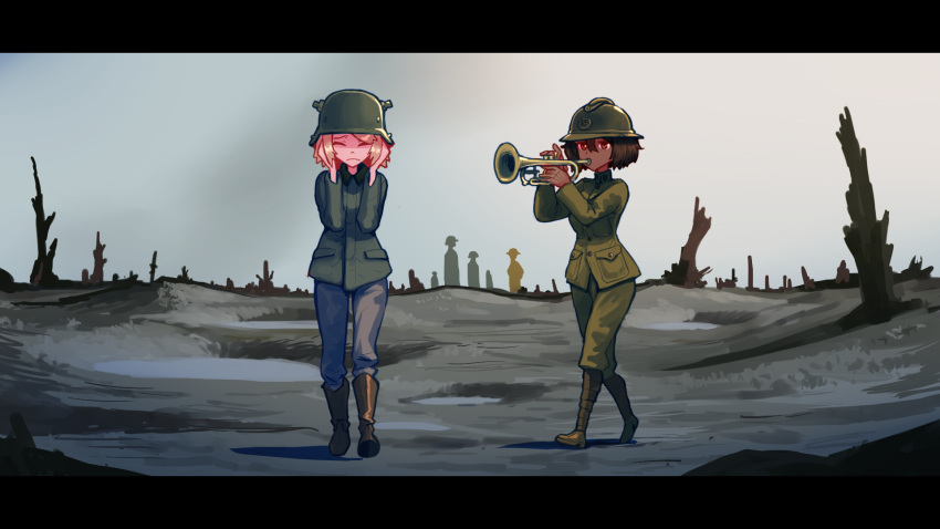 2girls bare_tree blonde_hair boots brown_hair closed_eyes commentary covering_ears dark_skin erica_(naze1940) helmet highres instrument meme military multiple_girls orange_eyes original outdoors short_hair smoke tree trumpet trumpet_boy water