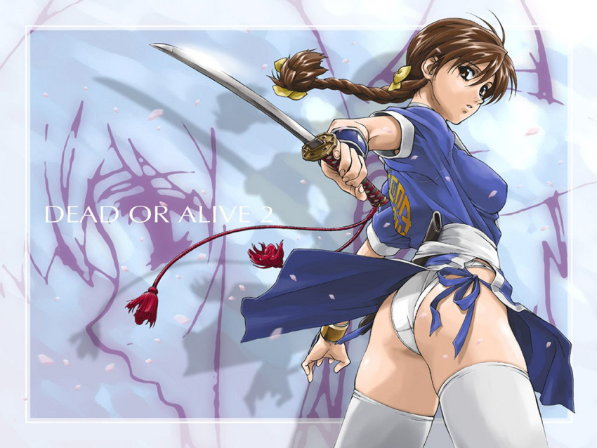 1girl arm_guards armor artist_request ass ayane ayane_(doa) bangs blue_kimono braid breasts brown_eyes brown_hair choker cowboy_shot crotch_seam dead_or_alive dead_or_alive_2 eyebrows_visible_through_hair hair_ribbon hand_up holding holding_sword holding_weapon japanese_clothes kasumi_(doa) katana kimono kuji-in long_braid long_hair looking_at_viewer looking_back medium_breasts multiple_views ninja panties parted_lips pelvic_curtain puffy_short_sleeves puffy_sleeves ribbon sash short_kimono short_sleeves side_slit single_braid solo standing sword thigh-highs thighs underwear weapon white_choker white_legwear white_panties white_sash wind wind_lift wristband yellow_ribbon yellow_wristband