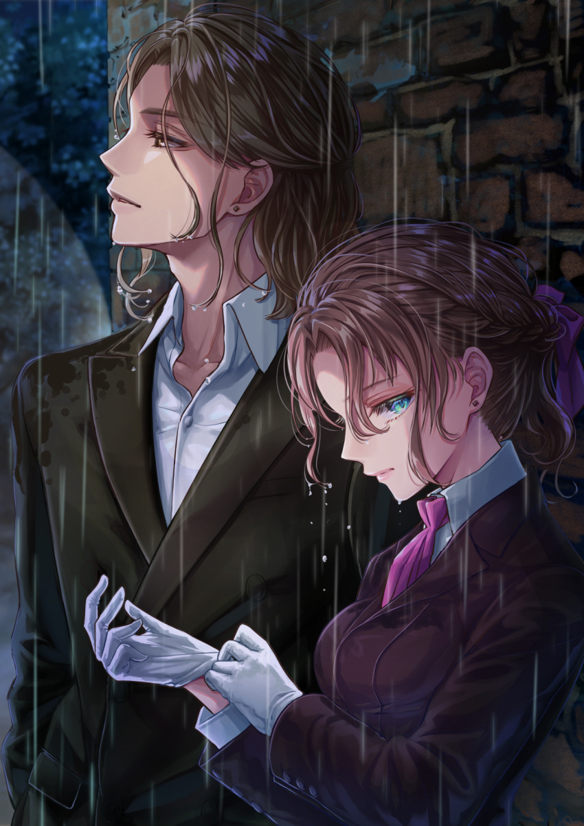 1boy 1girl adjusting_clothes adjusting_gloves akasaka_asa black_suit blue_eyes bow braid breasts brown_eyes brown_hair day earrings formal gloves hair_between_eyes hair_bow highres jewelry long_sleeves medium_breasts medium_hair original outdoors pink_bow pink_neckwear rain standing stud_earrings suit upper_body wet white_gloves