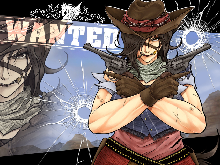1girl ammunition_belt barbed_wire belt black_hair blue_shirt bridle brown_eyes bullet bullet_dent bullet_hole cigar commentary_request cowboy_hat crossed_arms dent dress dual_wielding english_text gun hair_over_one_eye handgun hat holding holster horse_tail kurokoma_saki mountain muscle muscular_female pink_dress red_skirt revolver ryuuichi_(f_dragon) scar scarf serious shirt short_hair short_sleeves skirt sky sneer solo tail touhou upper_body wanted weapon zoom_layer
