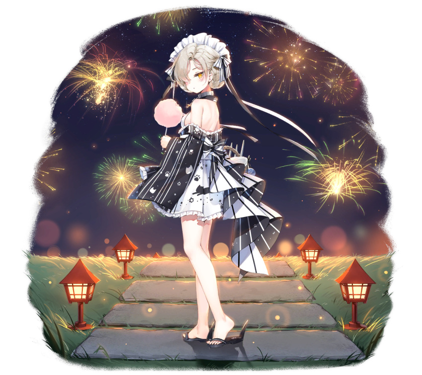 1girl aerial_fireworks alternate_costume animal_print azur_lane bare_shoulders blonde_hair blue_kimono blush braid breasts cat_print character_name cotton_candy cross_choker detached_sleeves fireworks food full_body hair_over_one_eye hair_ribbon highres holding holding_food japanese_clothes kimono logo long_sleeves looking_at_viewer maid_headdress maya_g multicolored multicolored_clothes multicolored_kimono night night_sky official_art ribbon sandals sheffield_(a_moment's_respite)_(azur_lane) sheffield_(azur_lane) short_hair sky solo tachi-e watermark weibo_username white_kimono wide_sleeves yellow_eyes yukata zouri