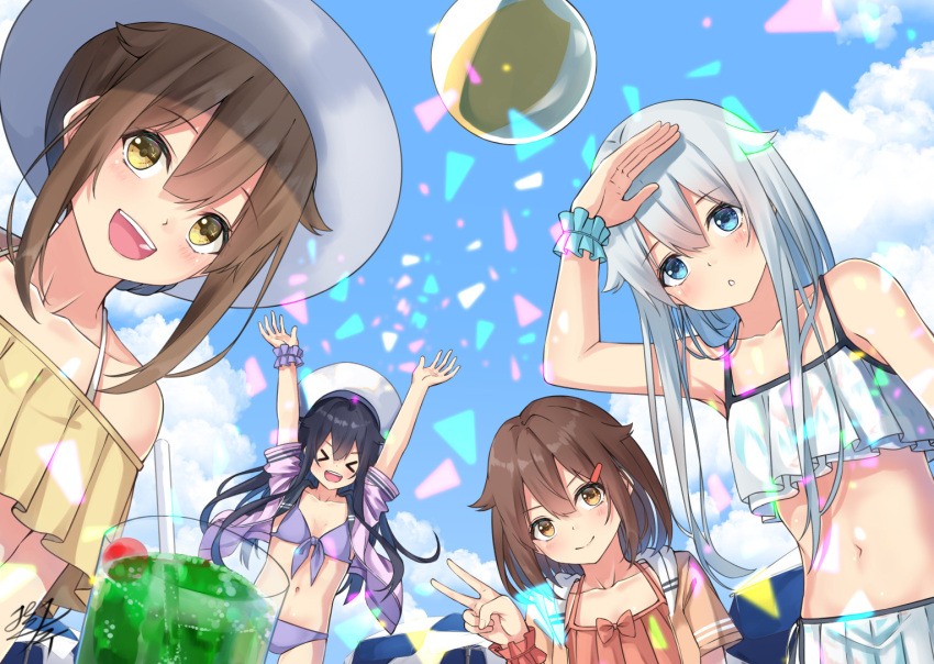 &gt;:) &gt;_&lt; 4girls :d akatsuki_(kantai_collection) bad_anatomy bad_hands bikini blue_eyes blue_sky blush brown_eyes brown_hair clouds collarbone cup day drink drinking_glass drinking_straw eyebrows_visible_through_hair hair_between_eyes hair_ornament hairclip hat hibiki_(kantai_collection) ikazuchi_(kantai_collection) inazuma_(kantai_collection) kantai_collection long_hair miko_fly multiple_girls navel open_mouth purple_bikini purple_hair short_hair signature silver_hair sky smile sun_hat swimsuit v