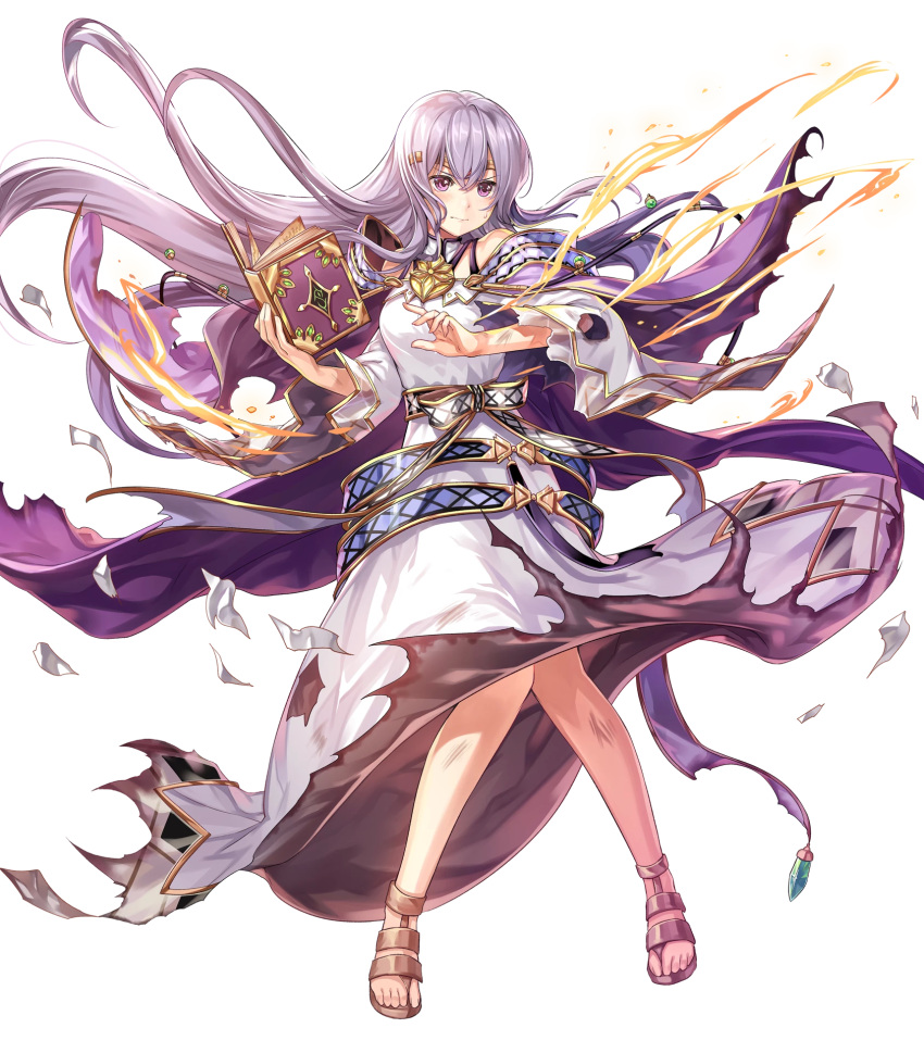 1girl bangs blush book breasts cape chachie circlet closed_mouth dress fire_emblem fire_emblem:_genealogy_of_the_holy_war fire_emblem_heroes full_body hair_ornament highres holding holding_book jewelry julia_(fire_emblem) long_hair long_sleeves looking_away medium_breasts non-web_source official_art open_book purple_hair sandals shiny shiny_hair solo toes torn_cape torn_clothes torn_dress transparent_background violet_eyes wide_sleeves