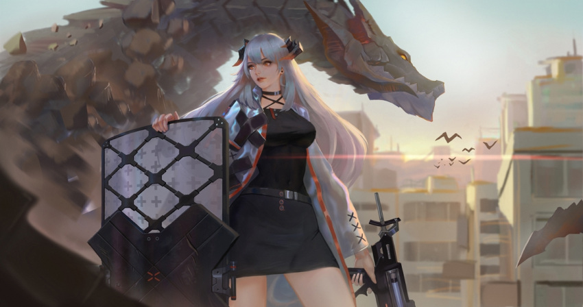 1girl arknights bangs black_choker black_dress breasts choker cityscape coat cowboy_shot dragon dragon_horns dragon_tail dress earrings elite_ii_(arknights) expressionless grey_hair gun holding holding_gun holding_shield holding_weapon horns jangsunyo jewelry long_hair long_sleeves looking_at_viewer looking_away multicolored_coat open_clothes open_coat orange_eyes outdoors saria_(arknights) shield short_dress sidelocks small_breasts snap-fit_buckle solo tail trench_coat weapon