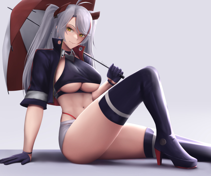 1girl absurdres azur_lane bangs black_footwear black_gloves black_jacket boots breasts eko.art gloves grey_background high_heels highres jacket knee_up large_breasts long_hair looking_at_viewer miniskirt multicolored_hair navel official_alternate_costume panties prinz_eugen_(azur_lane) prinz_eugen_(final_lap)_(azur_lane) racequeen red_panties redhead silver_hair simple_background sitting skirt smile solo streaked_hair thigh-highs thigh_boots thighs twintails umbrella under_boob underwear white_skirt yellow_eyes