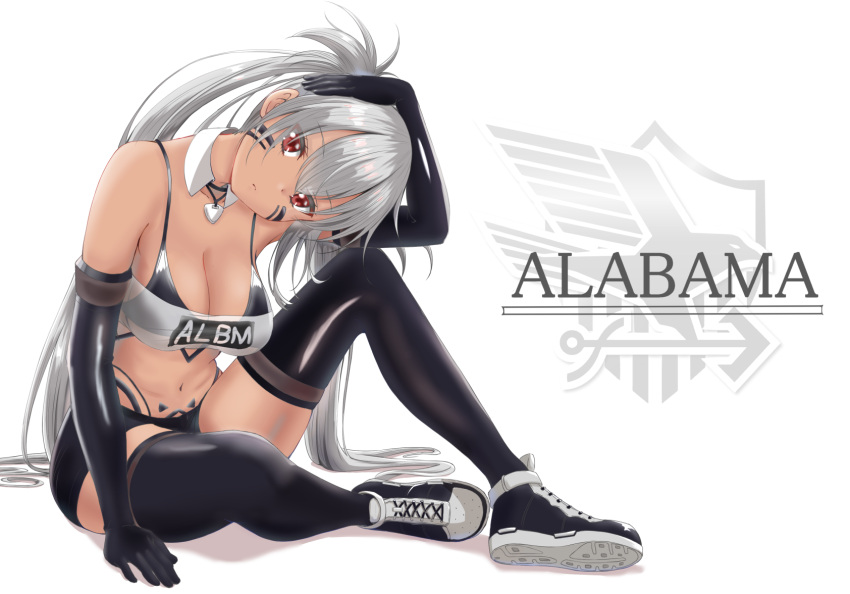 1girl alabama_(azur_lane) azur_lane bangs bikini_top black_bikini_top black_footwear black_gloves black_legwear black_shorts bodypaint breasts character_name closed_mouth dark_skin detached_collar elbow_gloves facepaint full_body gloves highres large_breasts long_hair looking_at_viewer native_american navel porontyo_07 red_eyes shoes short_shorts shorts silver_hair sitting sneakers solo strapless thigh-highs tubetop twintails
