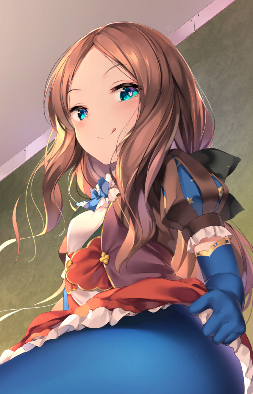 1girl bangs black_bow blue_eyes blue_gloves blue_legwear blush bow breasts brown_dress brown_hair chen_bin closed_mouth dress elbow_gloves fate/grand_order fate_(series) forehead gloves hair_bow heart heart-shaped_pupils highres leonardo_da_vinci_(fate/grand_order) leonardo_da_vinci_(rider)_(fate) licking_lips long_hair looking_at_viewer pantyhose parted_bangs ponytail puffy_short_sleeves puffy_sleeves short_sleeves smile solo symbol-shaped_pupils tongue tongue_out