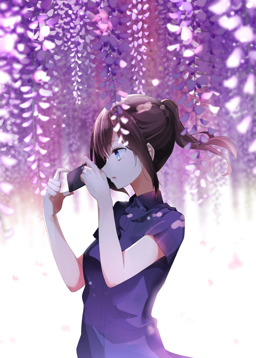 1girl aa_(sin2324) bangs blue_eyes blue_shirt blurry blurry_background blurry_foreground breasts brown_hair cellphone collared_shirt commentary_request depth_of_field dress_shirt eyebrows_visible_through_hair fingernails flower hair_between_eyes hakama-chan_(aa) hands_up high_ponytail highres holding holding_cellphone holding_phone looking_away original parted_lips petals phone ponytail profile purple_flower shirt short_sleeves sidelocks small_breasts solo wisteria