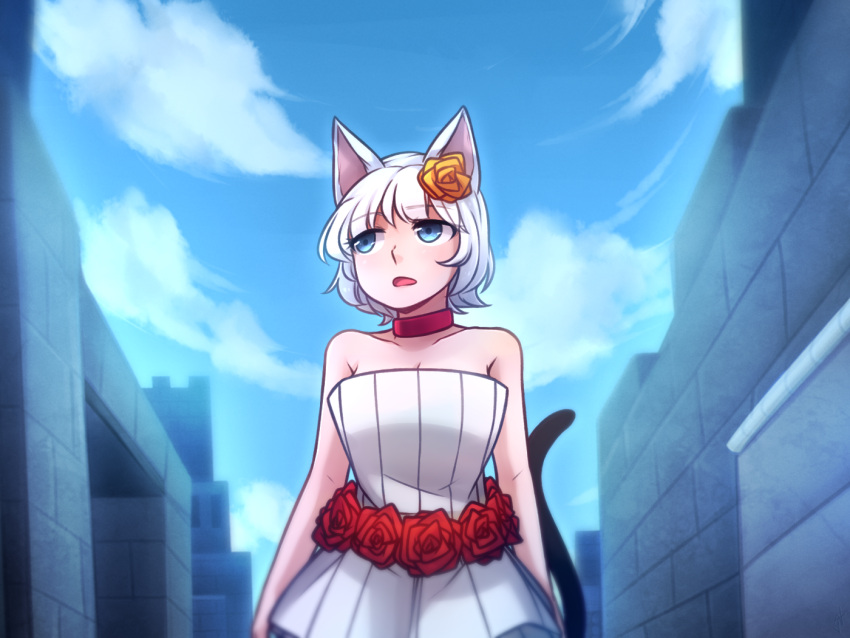 1girl :o animal_ears bare_arms bare_shoulders blue_eyes blue_sky brick_wall cat_ears cat_girl cat_tail choker clouds collarbone day dress eyebrows_visible_through_hair flower hair_flower hair_ornament looking_away open_mouth rabi-ribi red_choker red_flower red_rose rose short_hair sky solo speckticuls strapless strapless_dress tail vanilla_(rabi_ribi) white_dress white_hair yellow_flower yellow_rose