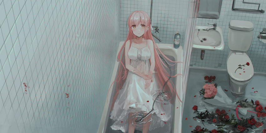 1girl bangs bare_arms bare_shoulders bath bathroom bathtub blood bouquet breasts brown_eyes chihuri collarbone dress ear_piercing earrings eyebrows_visible_through_hair flower hair_between_eyes hair_ribbon highres indoors jewelry long_hair looking_at_viewer medium_breasts mirror original parted_lips partially_submerged petals piercing pink_flower pink_hair pink_rose red_flower red_rose ribbon ripples rose rose_petals shower_head sink sitting sleeveless sleeveless_dress solo stud_earrings tile_wall tiles toilet toilet_paper very_long_hair water white_ribbon yana_(chihuri)