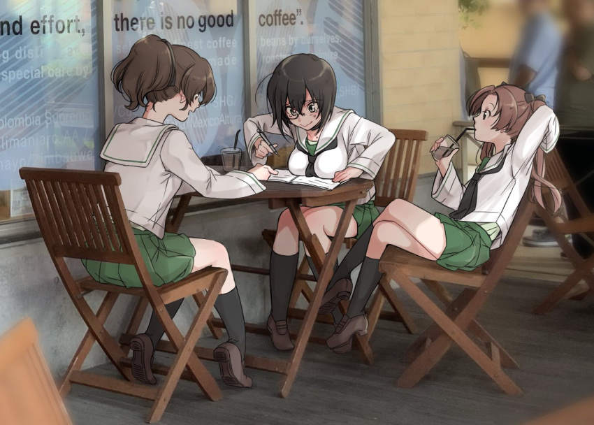 bangs black_eyes black_hair blouse bow brown_eyes brown_hair cafe chair cup drink drinking_straw girls_und_panzer green_skirt hair_bow kadotani_anzu kawashima_momo komekueyo koyama_yuzu long_hair monocle multiple_girls ooarai_military_uniform ooarai_school_uniform parted_bangs school_uniform semi-rimless_eyewear short_hair sitting skirt studying table tears twintails under-rim_eyewear white_blouse window