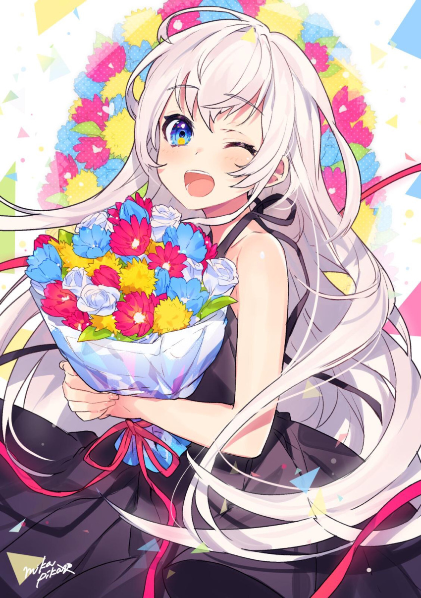 1girl ;d bangs bare_arms bare_shoulders black_dress blue_eyes blue_flower blush commentary_request dress eyebrows_visible_through_hair fingernails flower hair_between_eyes highres long_hair mika_pikazo object_hug one_eye_closed open_mouth original red_flower red_ribbon ribbon rose signature silver_hair sleeveless sleeveless_dress smile solo upper_teeth very_long_hair white_flower white_rose yellow_flower