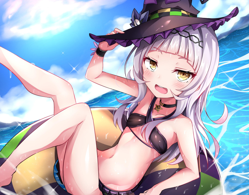 1girl alternate_costume bangs bare_shoulders bikini blue_sky blunt_bangs blush choker clouds collarbone flat_chest groin hat highres holding holding_hat hololive innertube knees lavender_hair legs long_hair looking_at_viewer murasaki_shion navel official_alternate_costume open_mouth outdoors shiki_(catbox230123) sky solo star swimsuit thighs upper_teeth virtual_youtuber water witch_hat yellow_eyes