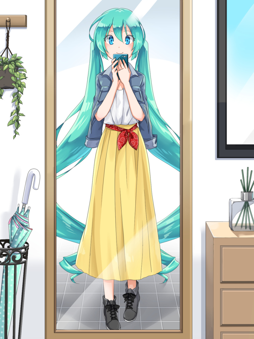 1girl absurdly_long_hair aira_(exp) black_footwear blue_eyes blue_hair blue_jacket cellphone closed_mouth floating_hair full_body hair_between_eyes hatsune_miku highres holding holding_phone jacket long_hair long_skirt mirror open_clothes open_jacket phone shiny shiny_hair shirt skirt smartphone smile solo standing twintails very_long_hair vocaloid white_shirt yellow_skirt