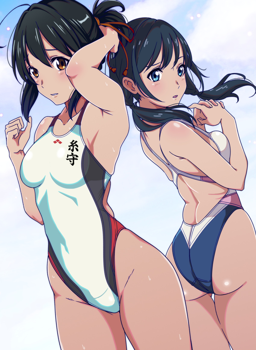 2girls absurdres ahoge aiuchi amano_hina_(tenki_no_ko) ass black_hair blue_eyes blue_swimsuit breasts brown_eyes clothes_writing commentary_request competition_swimsuit cowboy_shot creator_connection crossover dutch_angle from_behind hair_ribbon hands_clasped highleg highleg_swimsuit highres indoors kimi_no_na_wa. logo long_hair looking_to_the_side miyamizu_mitsuha multiple_girls one-piece_swimsuit own_hands_together ponytail red_ribbon ribbon short_hair short_ponytail small_breasts standing swimsuit tenki_no_ko thigh_gap twintails white_swimsuit