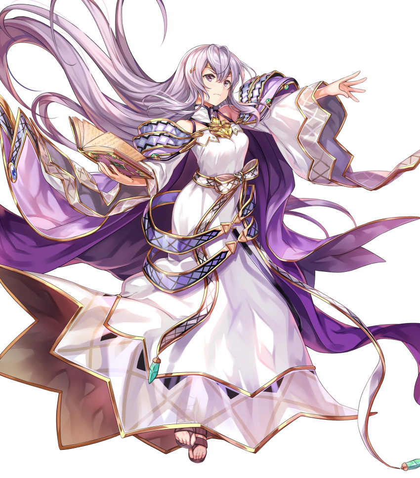 1girl bangs book breasts cape chachie circlet closed_mouth dress fire_emblem fire_emblem:_genealogy_of_the_holy_war fire_emblem_heroes full_body hair_ornament hand_up highres holding holding_book jewelry julia_(fire_emblem) long_hair long_sleeves looking_away medium_breasts non-web_source official_art purple_hair sandals see-through shiny shiny_hair solo toes transparent_background violet_eyes wide_sleeves