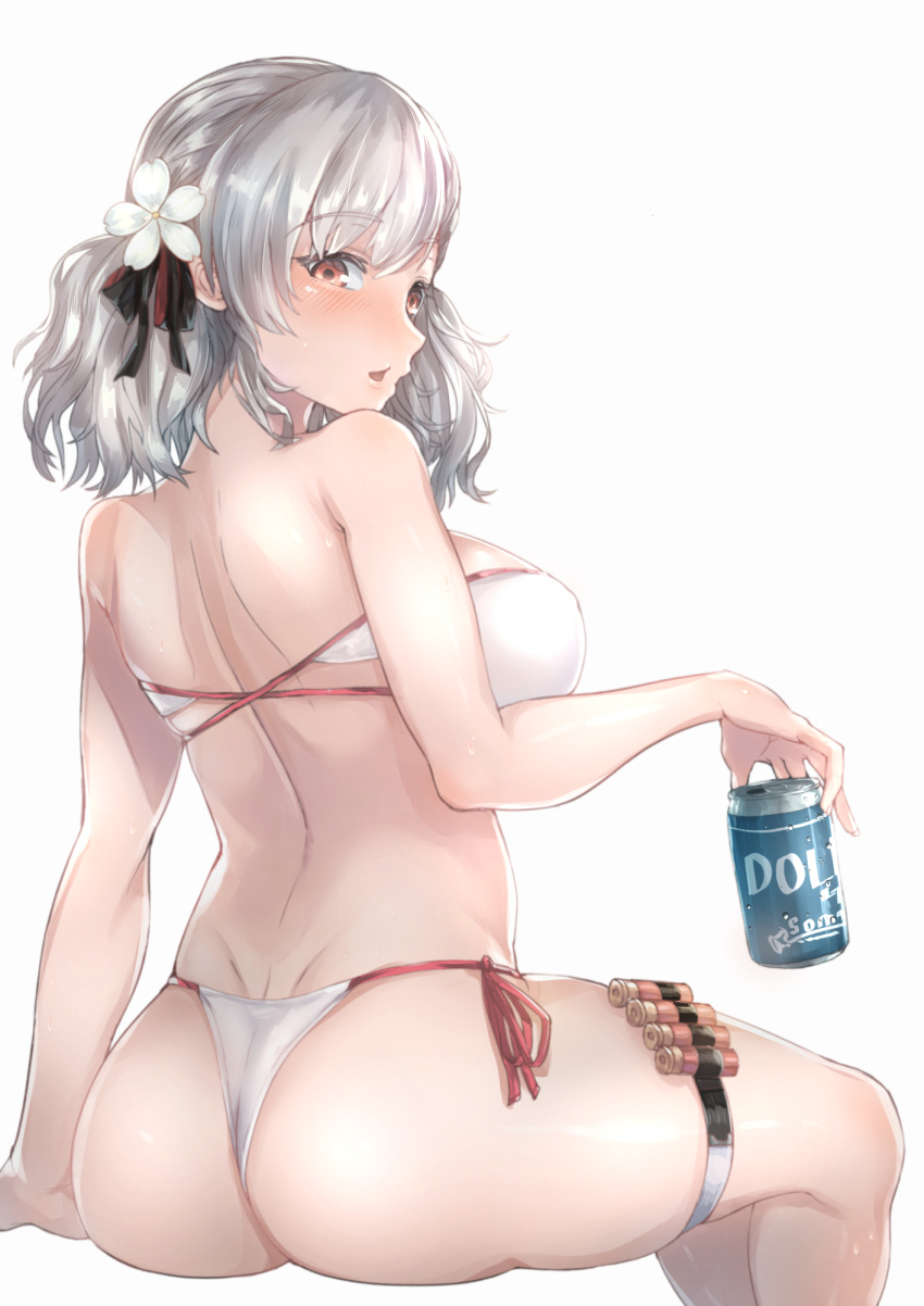 1girl alternate_costume ass bangs bare_shoulders bikini black_ribbon blush breasts can eyebrows_visible_through_hair girls_frontline hair_ribbon hakua_mill highres holding holding_can large_breasts long_hair looking_at_viewer open_mouth red_eyes ribbon shotgun_shells shoulder_blades side-tie_bikini silver_hair simple_background sitting skindentation solo spas-12_(girls_frontline) swimsuit thigh_strap twintails white_background white_bikini