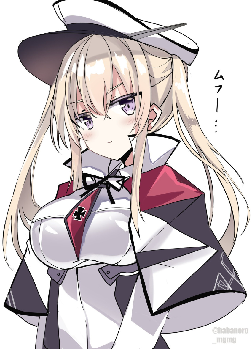 1girl blonde_hair blush capelet closed_mouth eyebrows_visible_through_hair fathom graf_zeppelin_(kancolle) hair_between_eyes hat highres kantai_collection long_hair long_sleeves military military_uniform peaked_cap sidelocks simple_background smile solo twintails twitter_username uniform upper_body violet_eyes white_background