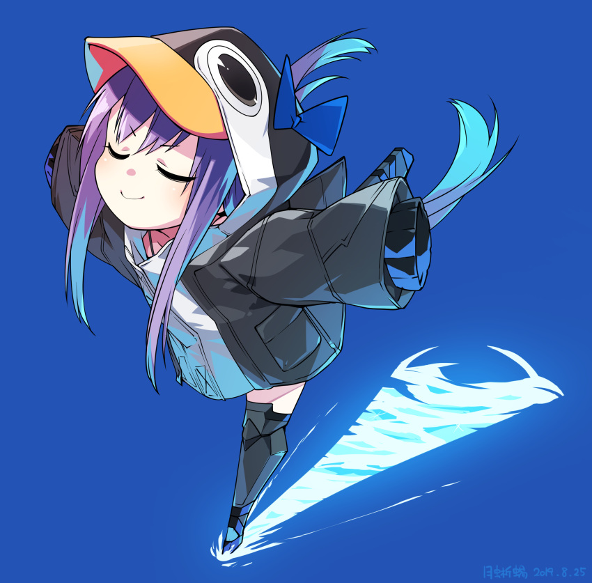 1girl absurdres animal_hood bangs black_jacket blue_background blue_bow blush bow breasts closed_eyes closed_mouth fate/grand_order fate_(series) hair_between_eyes highres hood hood_up jacket long_hair long_sleeves meltryllis meltryllis_(swimsuit_lancer)_(fate) penguin_hood purple_hair simple_background skating sleeves_past_fingers sleeves_past_wrists smile solo tsuki_tokage very_long_hair