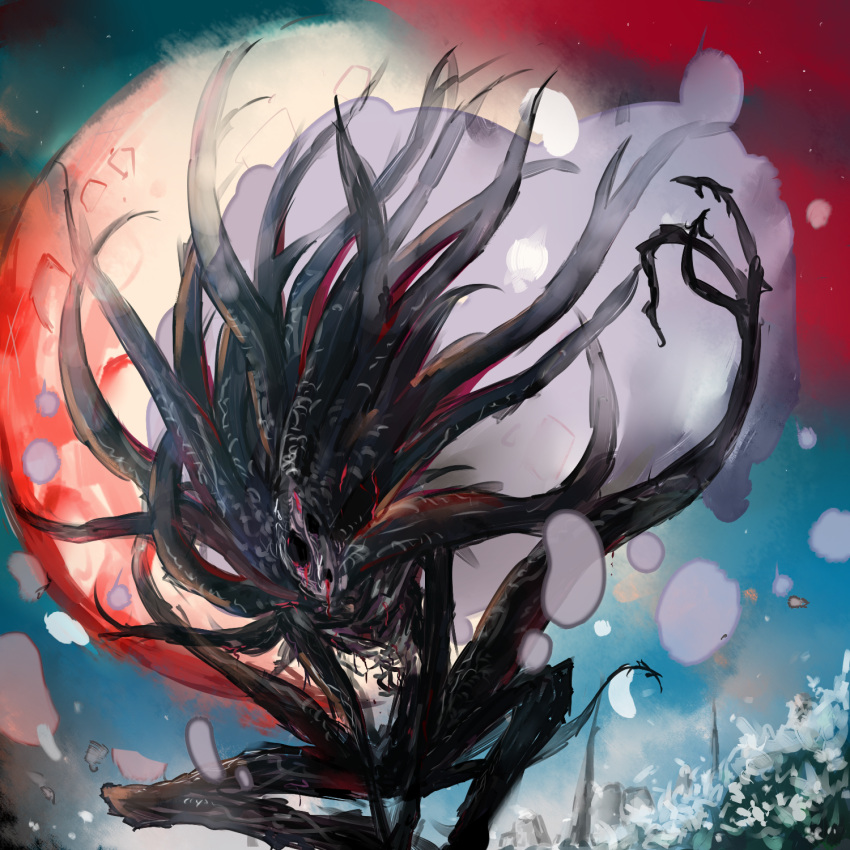 blood bloodborne commentary_request eldritch_abomination field flower flower_field full_moon highres maromi_(am97) moon moon_presence night night_sky no_humans outdoors petals sketch sky spoilers tail tentacles